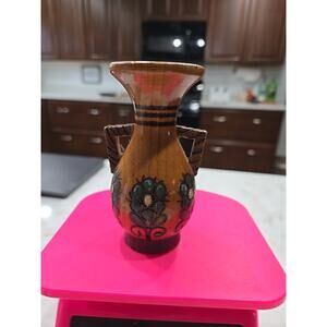 Wood Vase Bud Vase Handpainted Handmade Flowers 4.25" Tall Folk Art Hand Carved